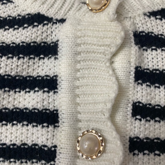 Striped Black and White Women's Sweater With Pearl Buttons - Picture 4 of 10